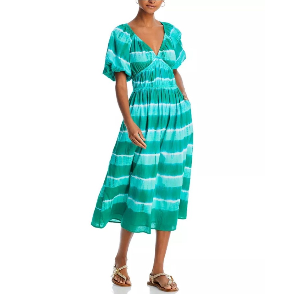 Banjanan Midi Dress Womens Green Tie Dye Puff Sleeve Cotton Boho
